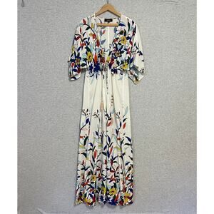 Aakaa Duster Open Maxi Kaftan Jacket Womens Small White Floral Flowy Boho Tassel